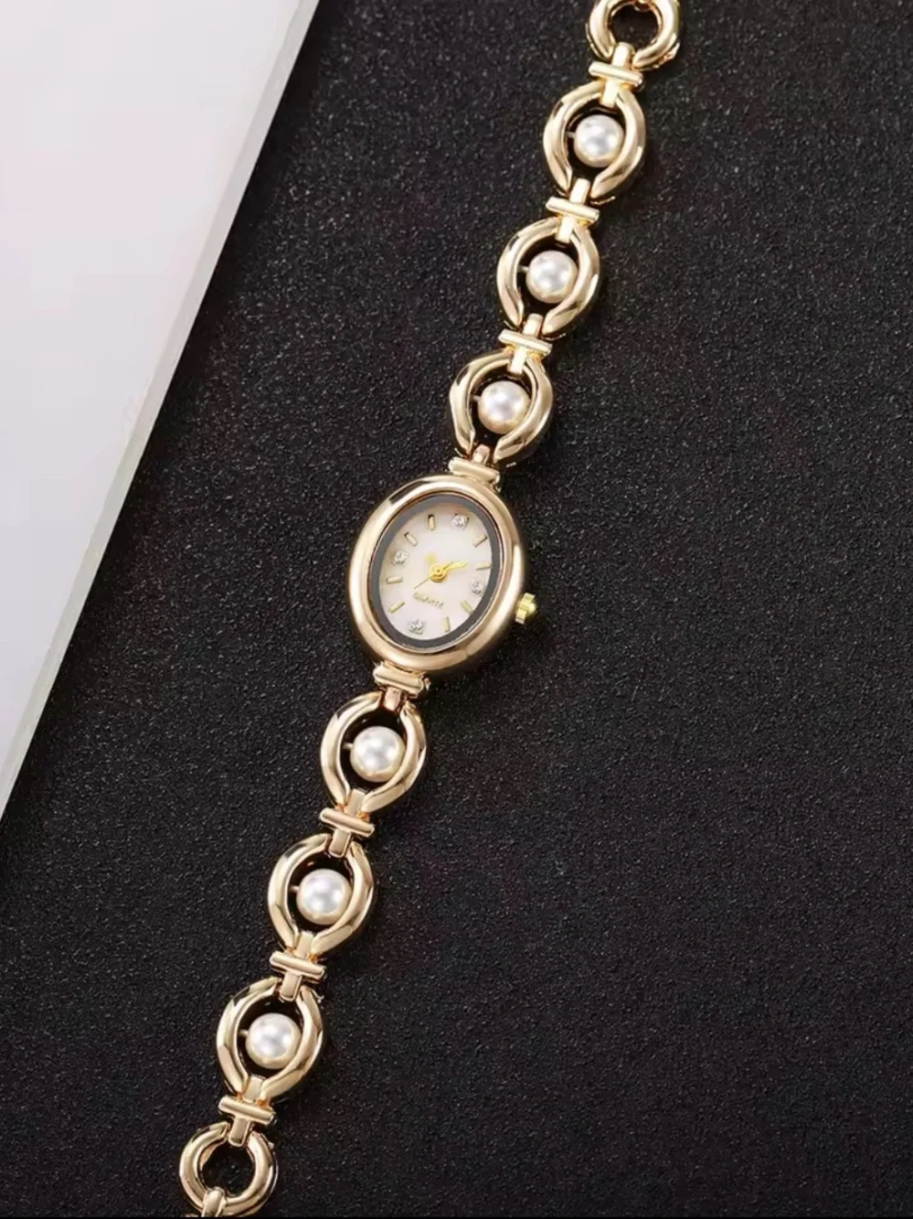 Gold Pearl Bracelet Watch Elegant Dress Watch Crystal Dial Timepiece